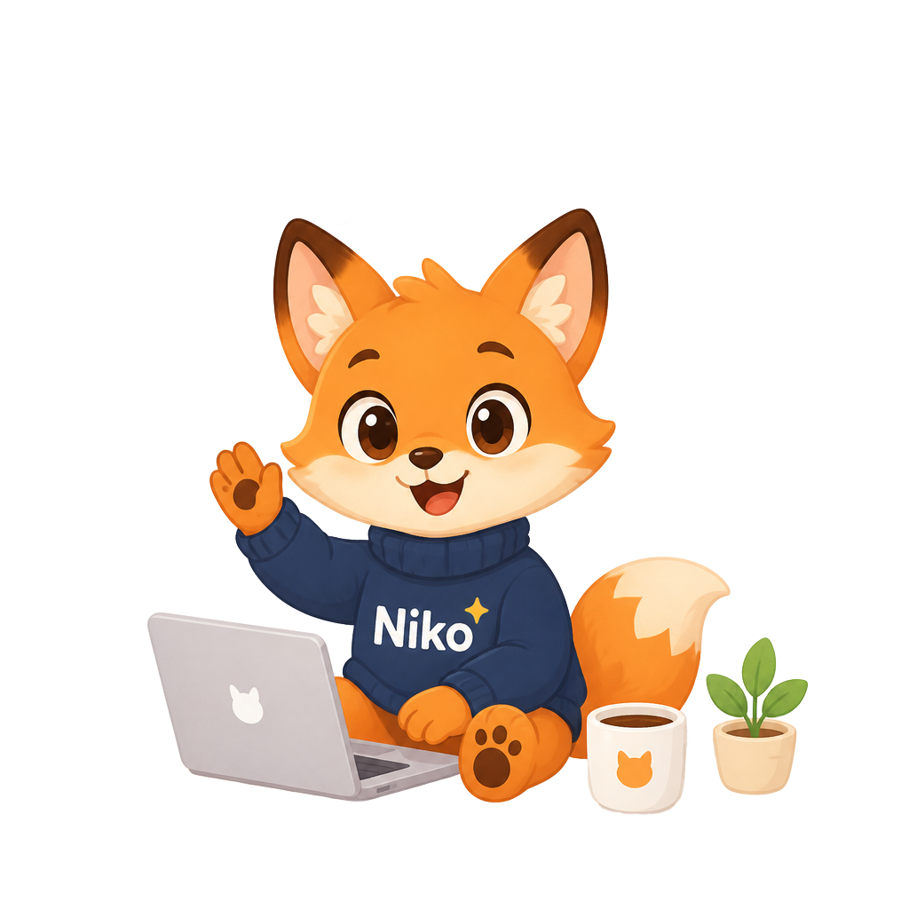 Niko, a friendly fox mascot wearing a navy sweater and waving from behind a laptop